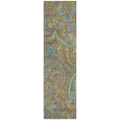 8' Runner Taupe Paisley Washable Non Skid Indoor Outdoor Runner Rug