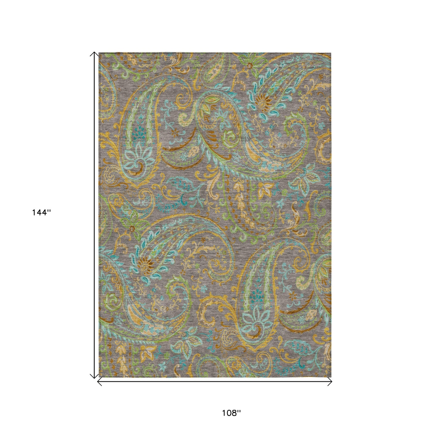 9' X 12' Taupe Paisley Washable Non Skid Indoor Outdoor Area Rug