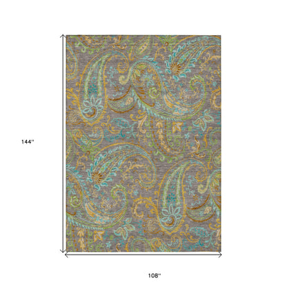 9' X 12' Taupe Paisley Washable Non Skid Indoor Outdoor Area Rug