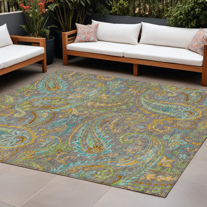 9' X 12' Taupe Paisley Washable Non Skid Indoor Outdoor Area Rug