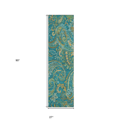 8' Runner Teal Paisley Washable Non Skid Indoor Outdoor Runner Rug