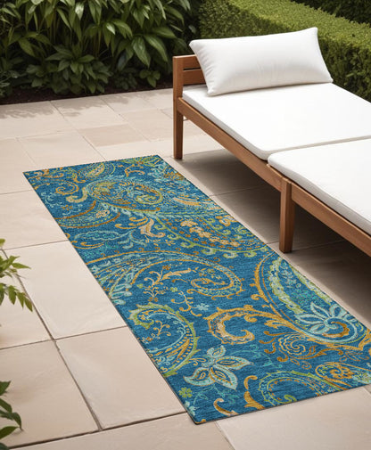 8' Runner Teal Paisley Washable Non Skid Indoor Outdoor Runner Rug