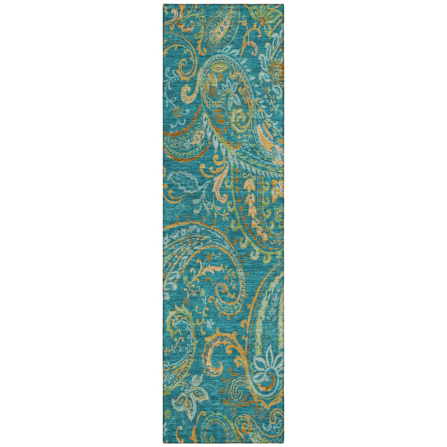 8' Runner Teal Paisley Washable Non Skid Indoor Outdoor Runner Rug