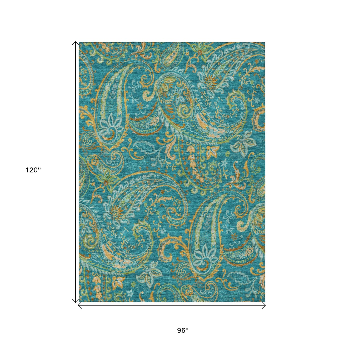 8' X 10' Teal Paisley Washable Non Skid Indoor Outdoor Area Rug