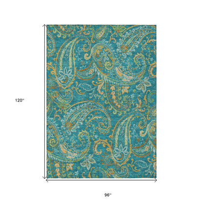 8' X 10' Teal Paisley Washable Non Skid Indoor Outdoor Area Rug