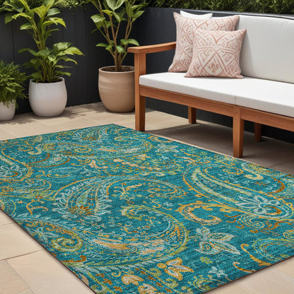 8' X 10' Teal Paisley Washable Non Skid Indoor Outdoor Area Rug