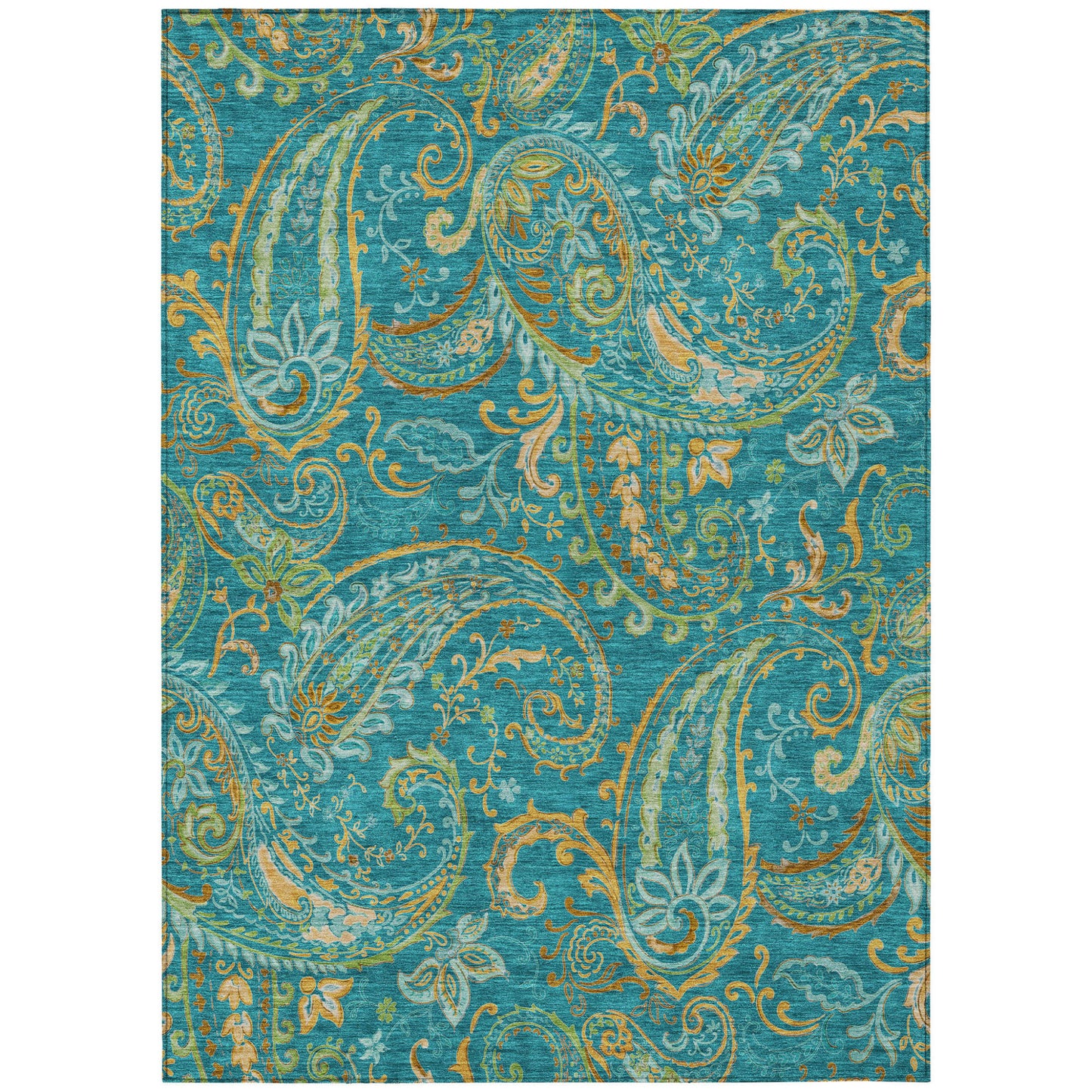 8' X 10' Teal Paisley Washable Non Skid Indoor Outdoor Area Rug