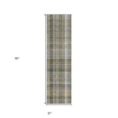 2' X 8' Gray Plaid Washable Non Skid Indoor Outdoor Runner Rug