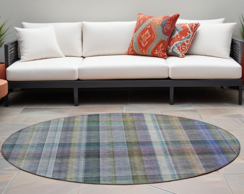 8' X 8' Blue Gray and Green Round Plaid Washable Non Skid Indoor Outdoor Area Rug