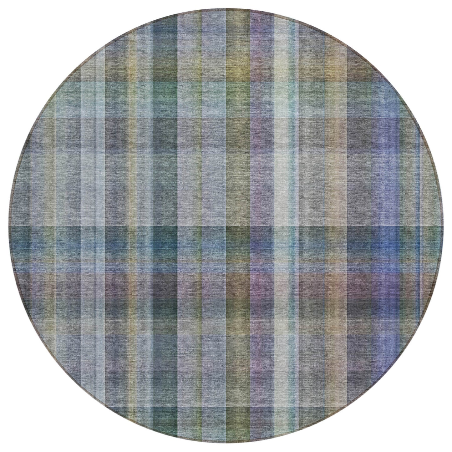 8' X 8' Blue Gray and Green Round Plaid Washable Non Skid Indoor Outdoor Area Rug