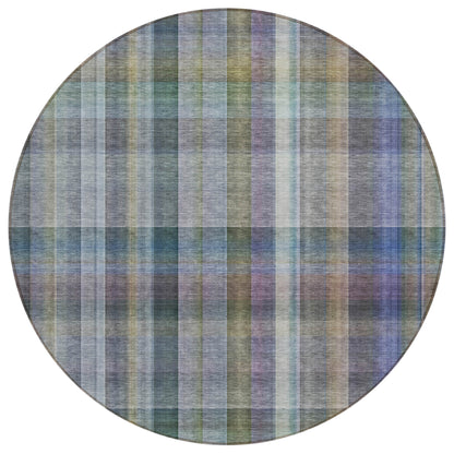 8' X 8' Blue Gray and Green Round Plaid Washable Non Skid Indoor Outdoor Area Rug