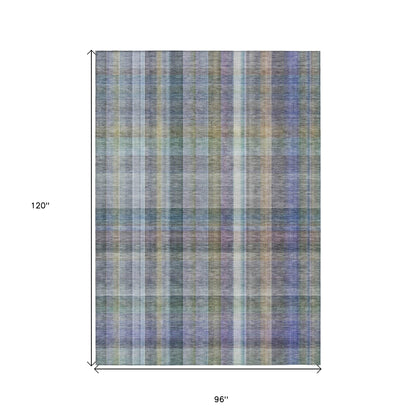 8' X 10' Blue Gray and Green Plaid Washable Non Skid Indoor Outdoor Area Rug