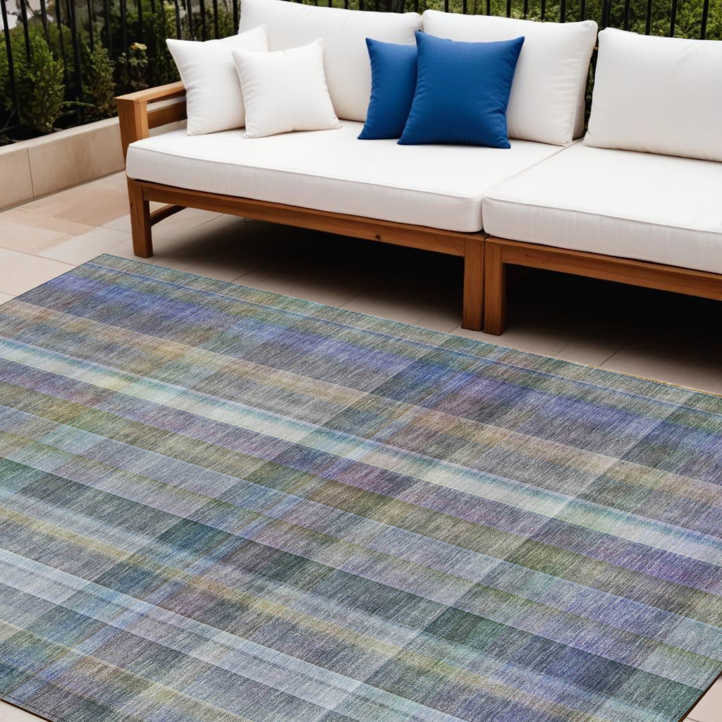 8' X 10' Blue Gray and Green Plaid Washable Non Skid Indoor Outdoor Area Rug