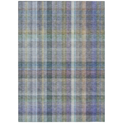 8' X 10' Blue Gray and Green Plaid Washable Non Skid Indoor Outdoor Area Rug