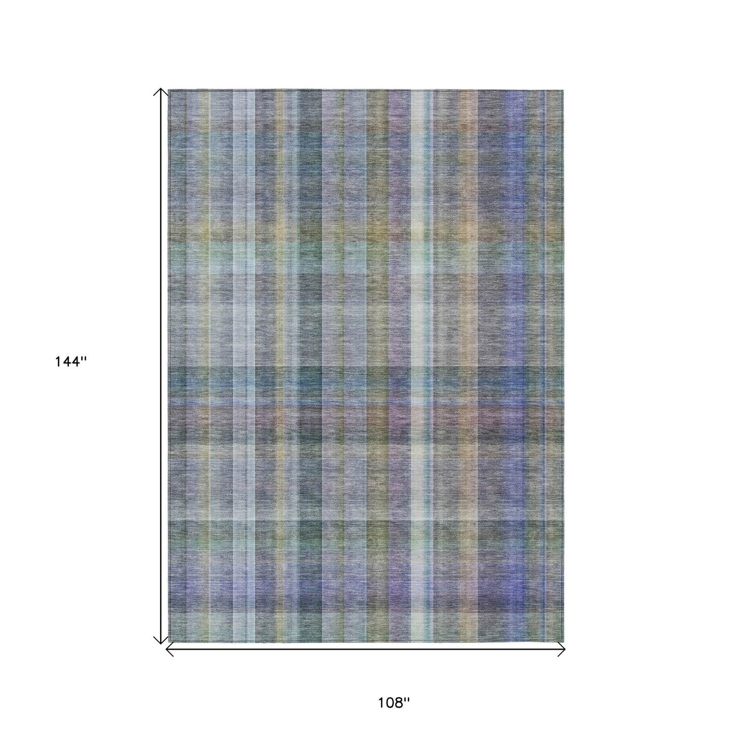 9' X 12' Blue Gray and Green Plaid Washable Non Skid Indoor Outdoor Area Rug