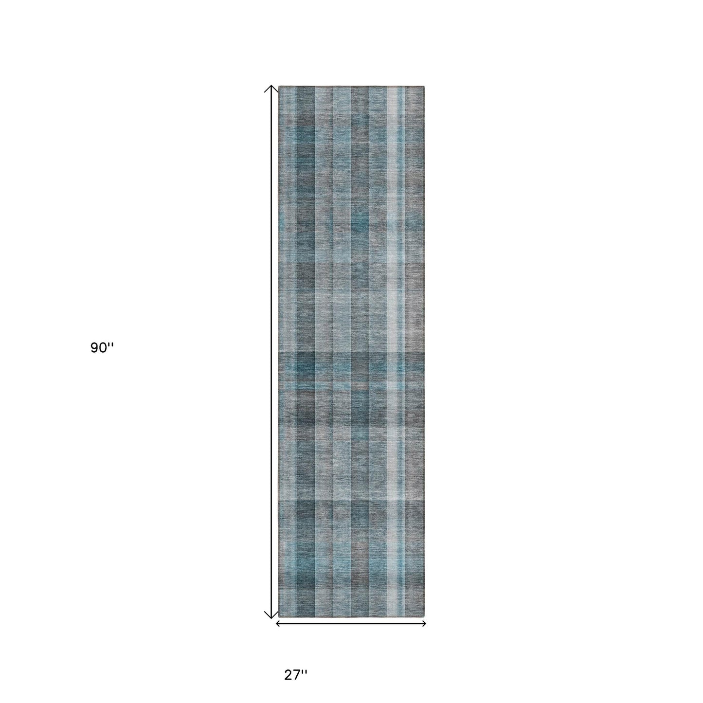 8' Runner Teal Plaid Washable Non Skid Indoor Outdoor Runner Rug