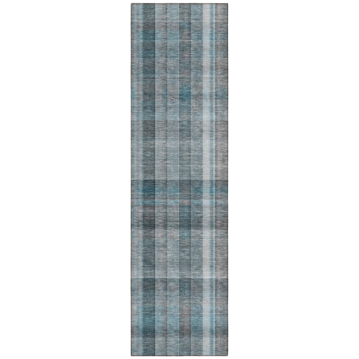 8' Runner Teal Plaid Washable Non Skid Indoor Outdoor Runner Rug