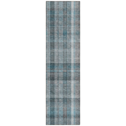 8' Runner Teal Plaid Washable Non Skid Indoor Outdoor Runner Rug