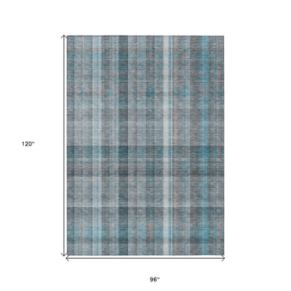 8' X 10' Teal Plaid Washable Non Skid Indoor Outdoor Area Rug