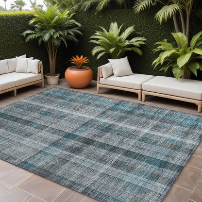 8' X 10' Teal Plaid Washable Non Skid Indoor Outdoor Area Rug