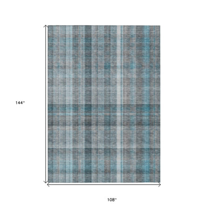 9' X 12' Teal Plaid Washable Non Skid Indoor Outdoor Area Rug