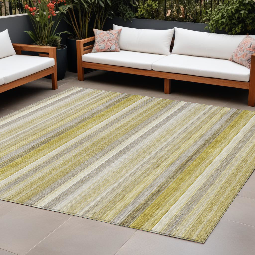 9' X 12' Yellow Beige and Gray Striped Washable Non Skid Indoor Outdoor Area Rug