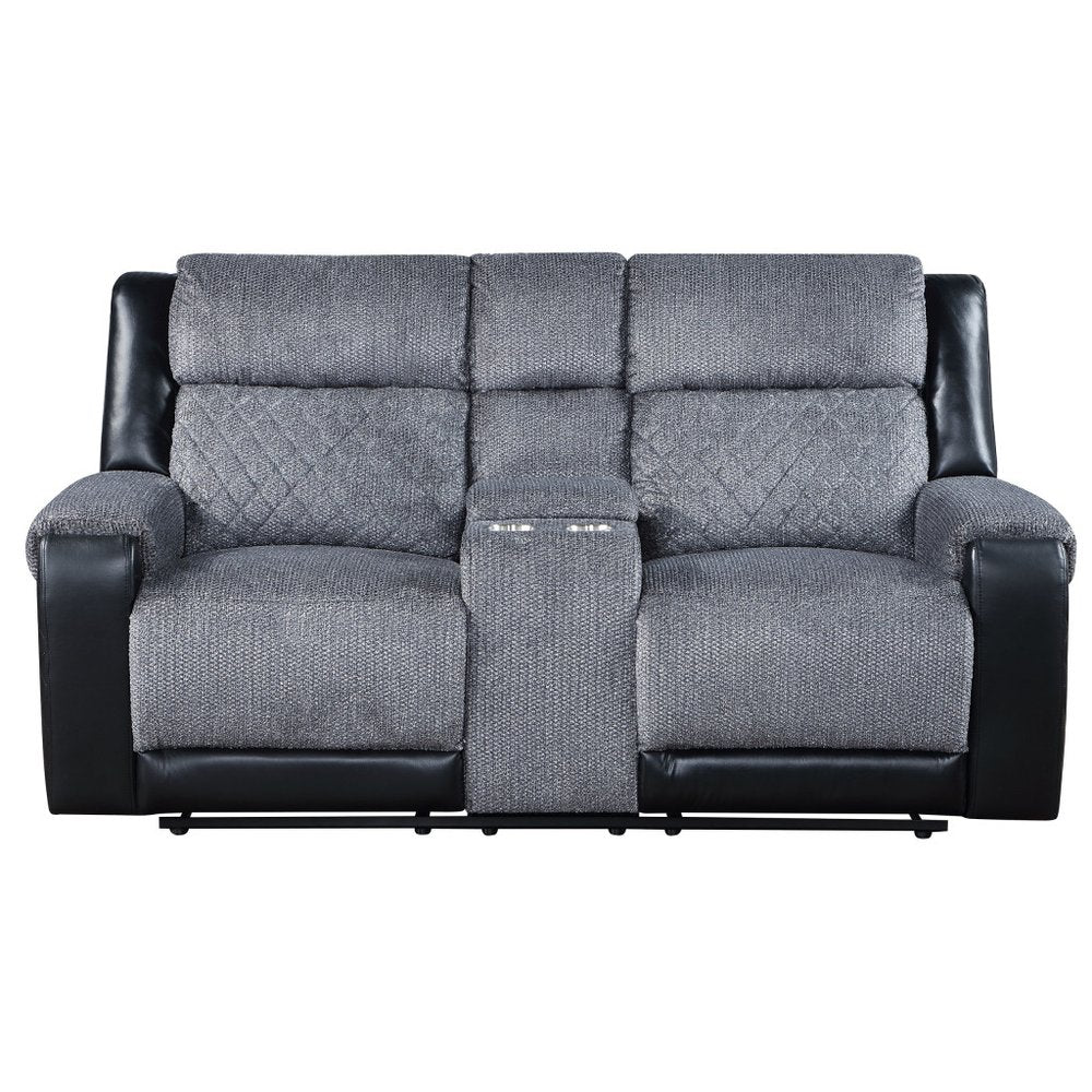 76" Gray and Black Faux Leather and Microfiber Manual Reclining Loveseat With Storage HomeRoots
