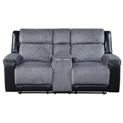 76" Gray and Black Faux Leather and Microfiber Manual Reclining Loveseat With Storage HomeRoots