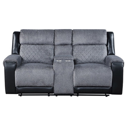 76" Gray and Black Faux Leather and Microfiber Manual Reclining Loveseat With Storage HomeRoots
