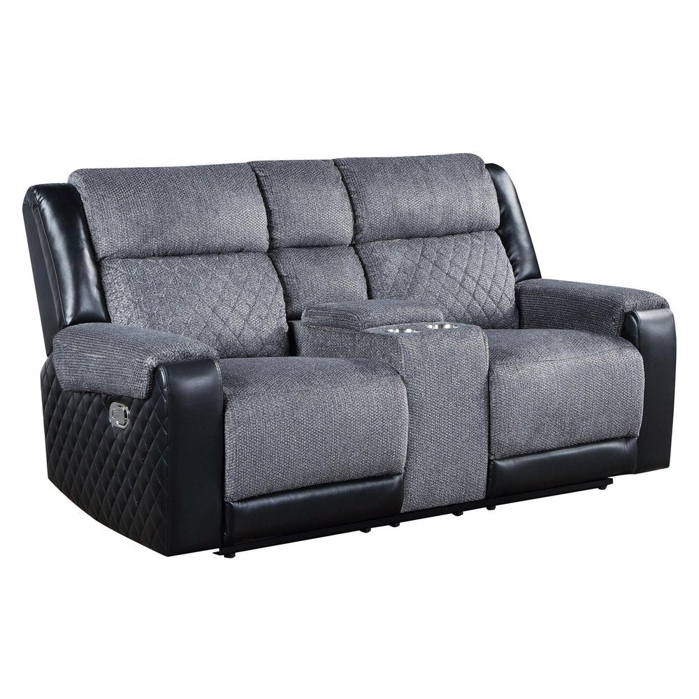 76" Gray and Black Faux Leather and Microfiber Manual Reclining Loveseat With Storage HomeRoots