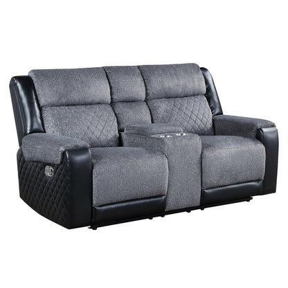 76" Gray and Black Faux Leather and Microfiber Manual Reclining Loveseat With Storage HomeRoots