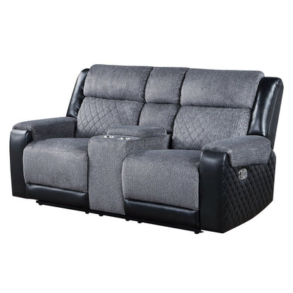 76" Gray and Black Faux Leather and Microfiber Manual Reclining Loveseat With Storage HomeRoots