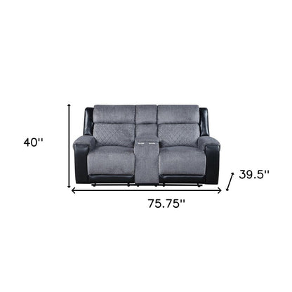 76" Gray and Black Faux Leather and Microfiber Manual Reclining Loveseat With Storage HomeRoots