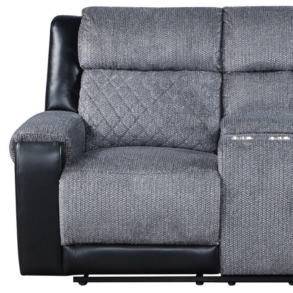 76" Gray and Black Faux Leather and Microfiber Manual Reclining Loveseat With Storage HomeRoots