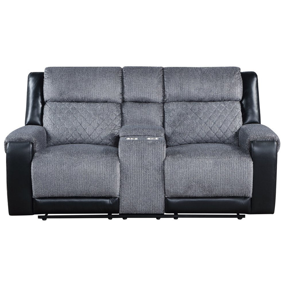 76" Gray and Black Faux Leather and Microfiber Manual Reclining Loveseat With Storage HomeRoots