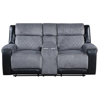 76" Gray and Black Faux Leather and Microfiber Manual Reclining Loveseat With Storage HomeRoots