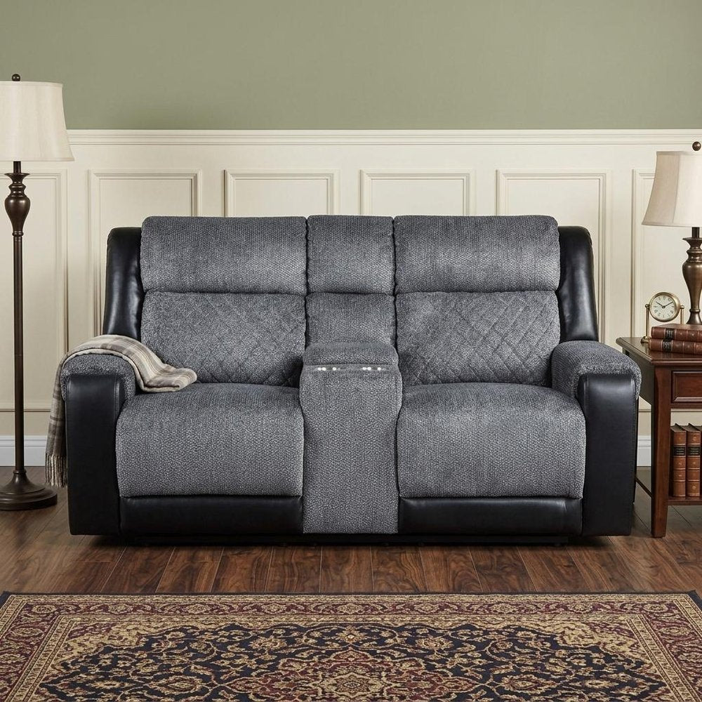 76" Gray and Black Faux Leather and Microfiber Manual Reclining Loveseat With Storage HomeRoots