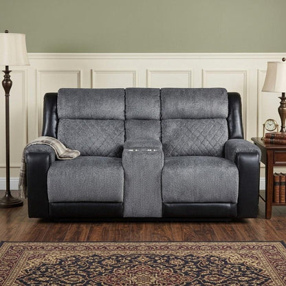 76" Gray and Black Faux Leather and Microfiber Manual Reclining Loveseat With Storage HomeRoots