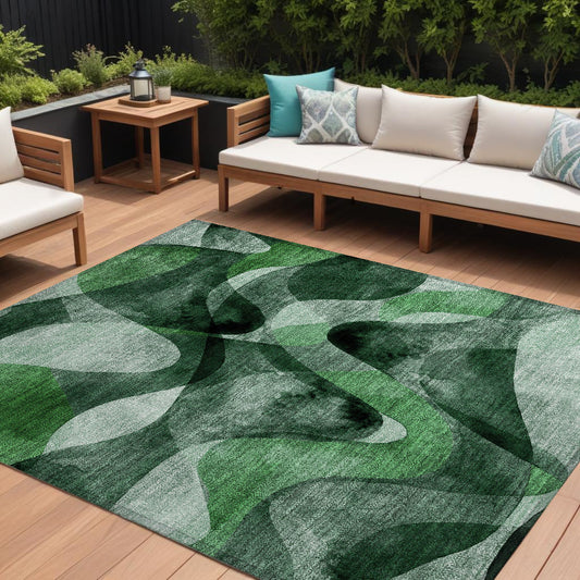 8' X 10' Fern Green Abstract Washable Non Skid Indoor Outdoor Area Rug