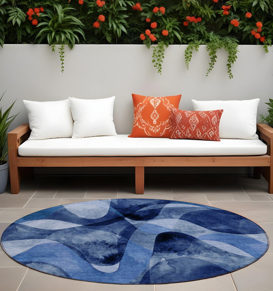 8' X 8' Navy Blue Round Abstract Washable Non Skid Indoor Outdoor Area Rug