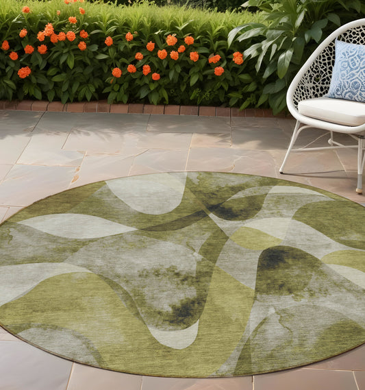 8' X 8' Olive Green Round Abstract Washable Non Skid Indoor Outdoor Area Rug