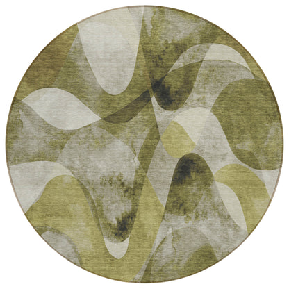 8' X 8' Olive Green Round Abstract Washable Non Skid Indoor Outdoor Area Rug