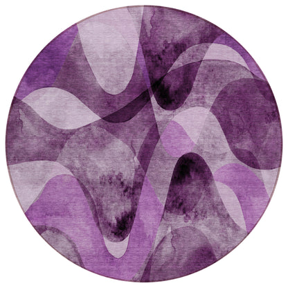 8' X 8' Purple Round Abstract Washable Non Skid Indoor Outdoor Area Rug