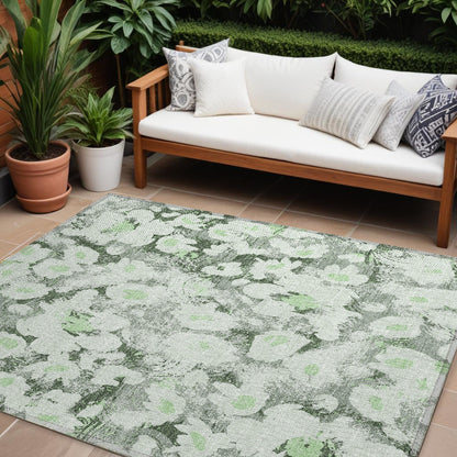 8' X 10' Artichoke Green Floral Washable Non Skid Indoor Outdoor Area Rug