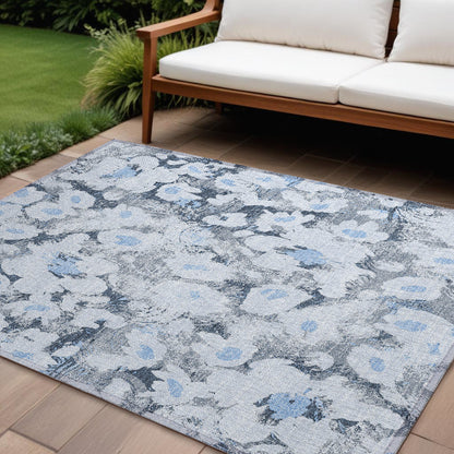 8' X 10' Denim Blue Floral Washable Non Skid Indoor Outdoor Area Rug