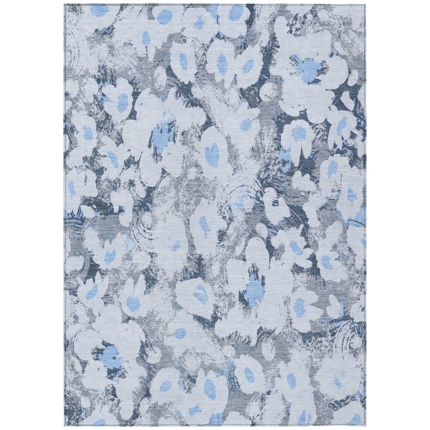 8' X 10' Denim Blue Floral Washable Non Skid Indoor Outdoor Area Rug