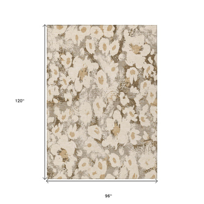 8' X 10' Khaki Floral Washable Non Skid Indoor Outdoor Area Rug