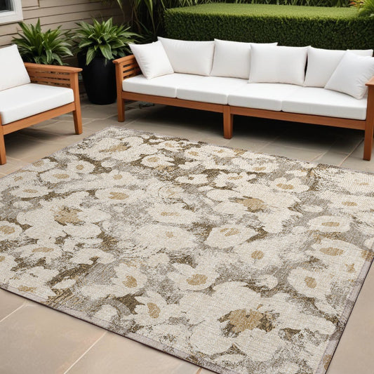 9' X 12' Khaki Floral Washable Non Skid Indoor Outdoor Area Rug