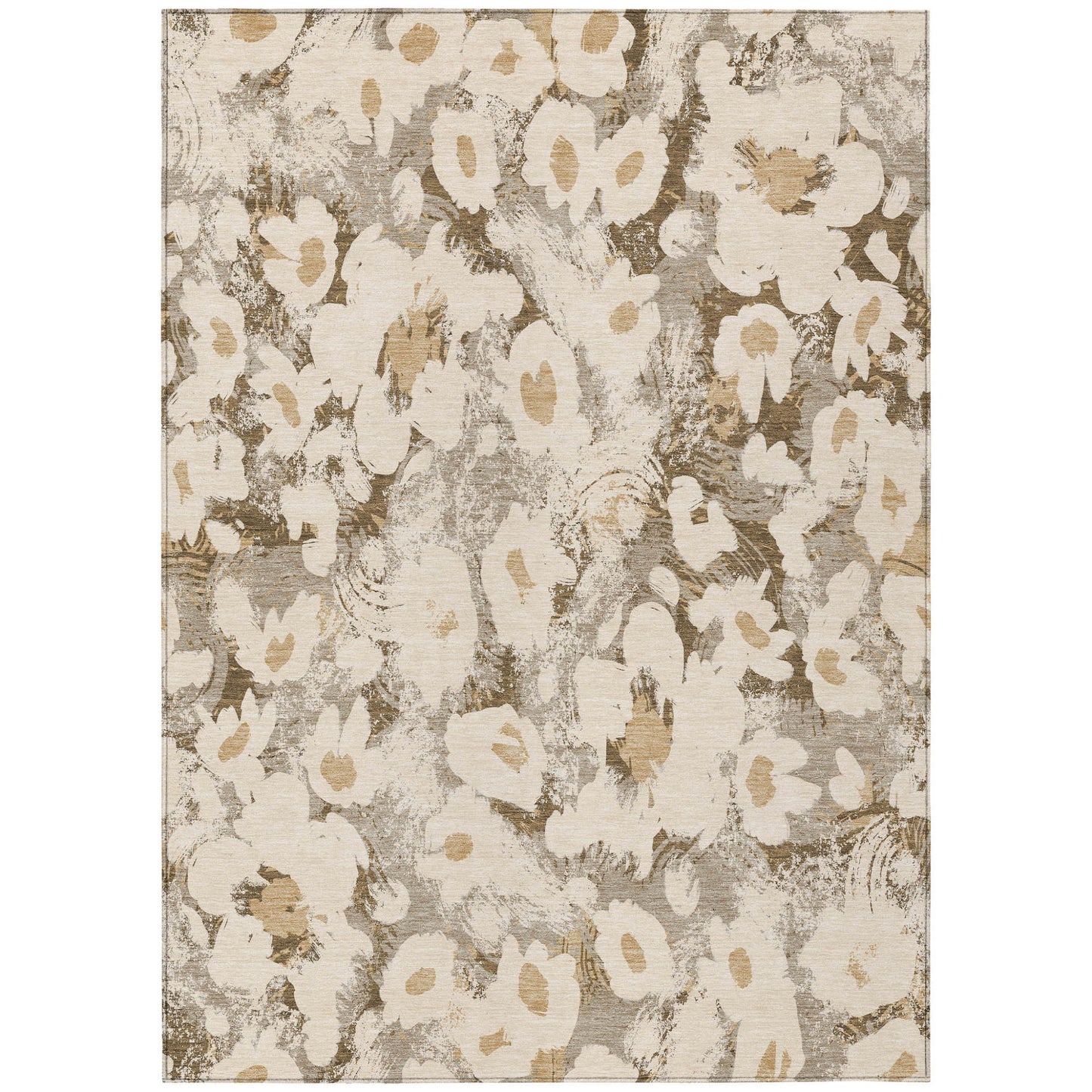 9' X 12' Khaki Floral Washable Non Skid Indoor Outdoor Area Rug