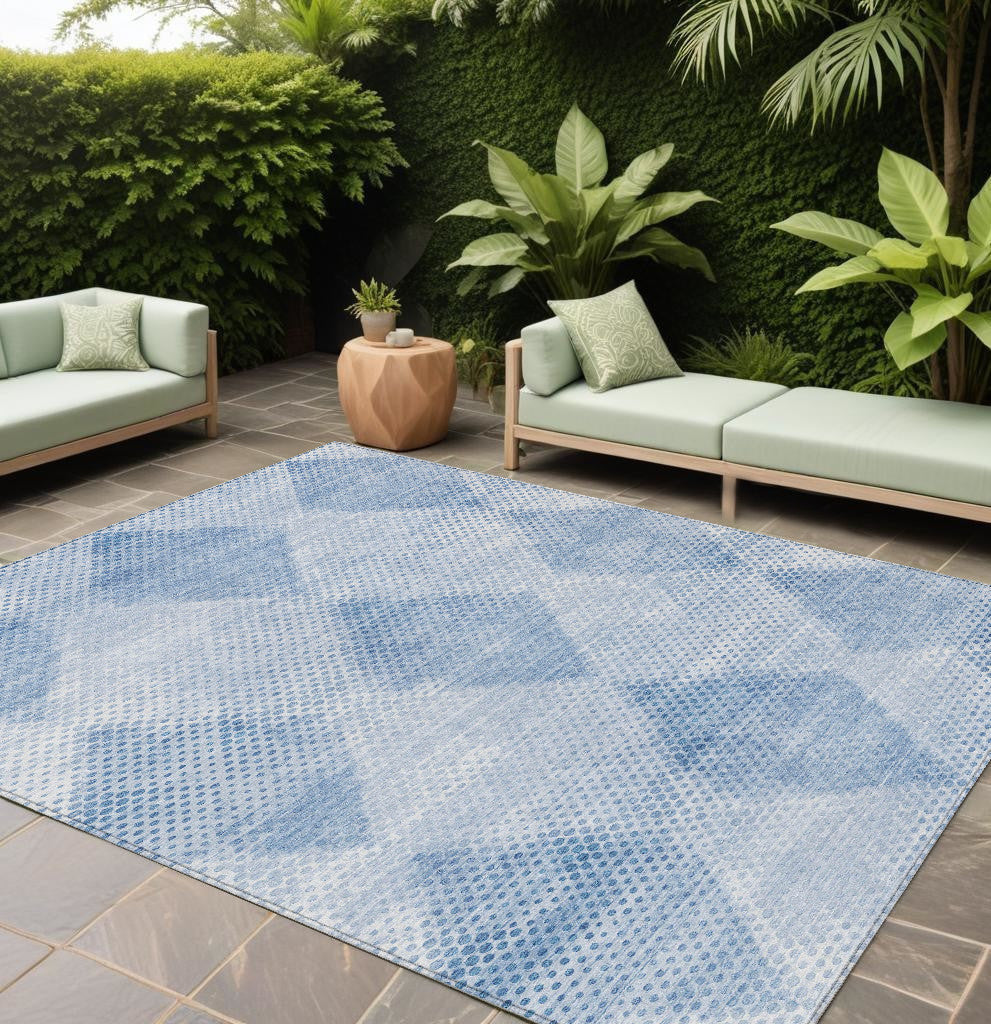 9' X 12' Blue Geometric Washable Non Skid Indoor Outdoor Area Rug